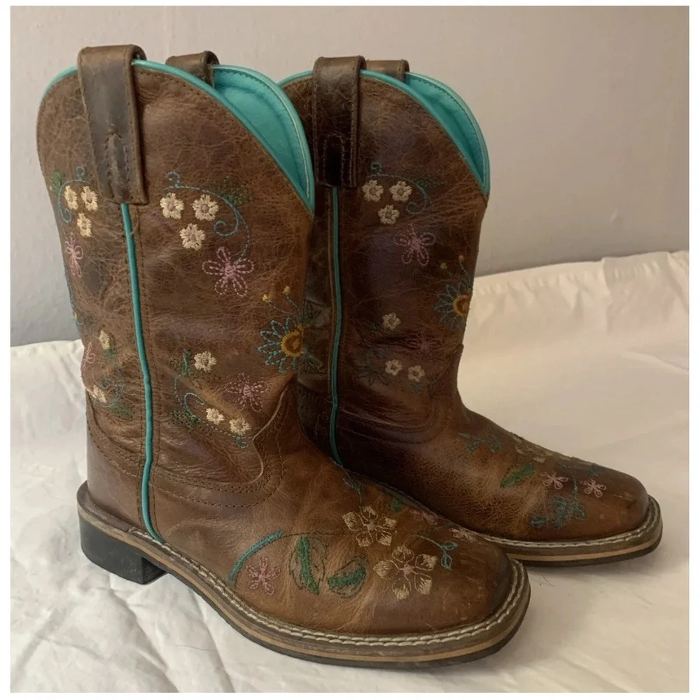 Smoky Mountain Girls Size 1.5 Brown Leather Floral Embroidered Cowgirl Boots